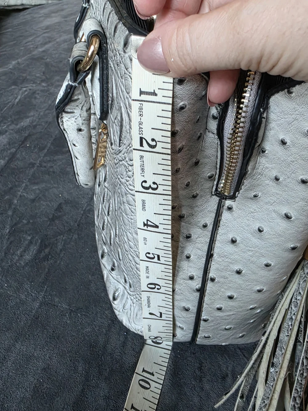 White Ostrich-Texture Tote Bag with Tassel Accents